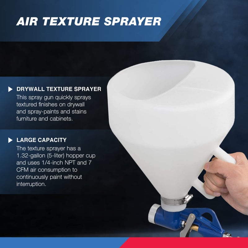 HILTEX 31229 Air Texture Gun with 1.32 Gallon Hopper, 3 Nozzles: 4.0mm, 6.0mm, 8.0mm, Drywall Texture Sprayer for Stucco Mud or Popcorn on Walls and Ceiling, Knockdown, Spray Gun with Handle - Image 2